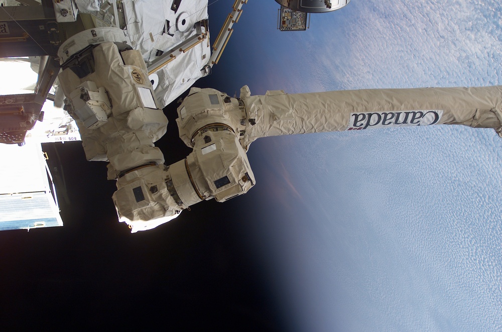 Canadarm2 SSRMS grappled to the MBS during STS-111 UF-2 installation OPS on the ISS truss structure