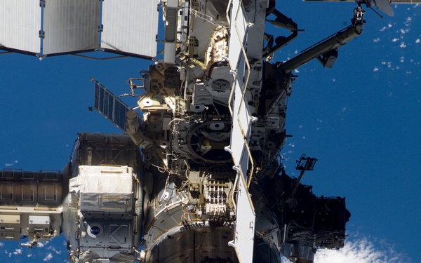 The zenith side of the ISS taken during the STS-108 undocking and flyaround