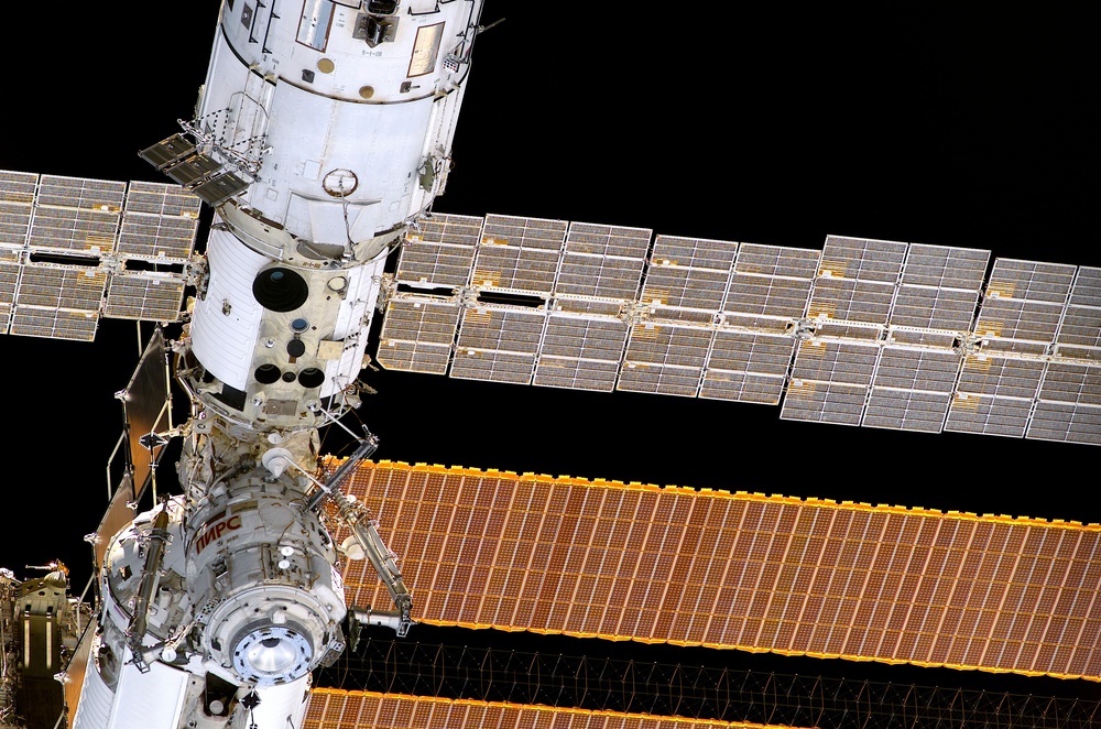 Nadir view of the Pirs DC and SM on the ISS taken during STS-111 UF-2 Flyaround