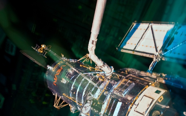 View of HST during its release from the Shuttle Atlantis