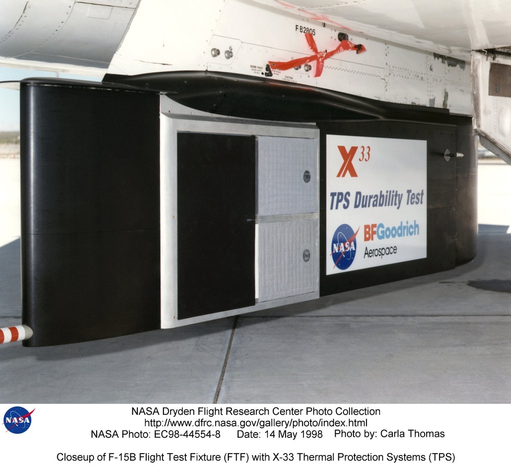 Closeup of F-15B Flight Test Fixture (FTF) with X-33 Thermal Protection Systems (TPS)