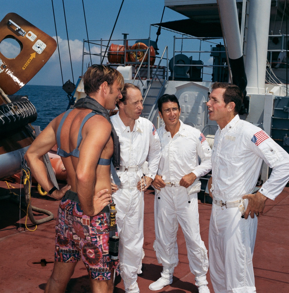 Apollo 15 prime crew aboard NASA Motor Vessel Retriever water egress training