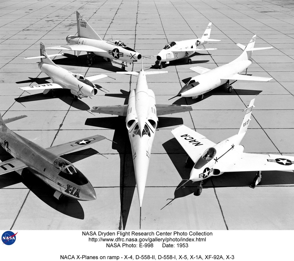 NACA X-Planes on ramp - X-4, D-558-II, D-558-I, X-5, X-1A, XF-92A, X-3