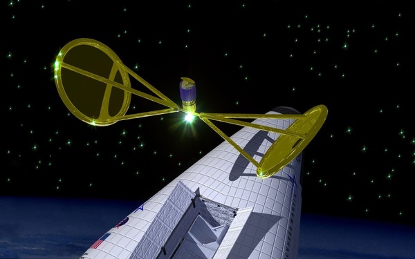 Computer graphic of Lockheed Martin Venturestar Reusable Launch Vehicle (RLV) releasing a satellite