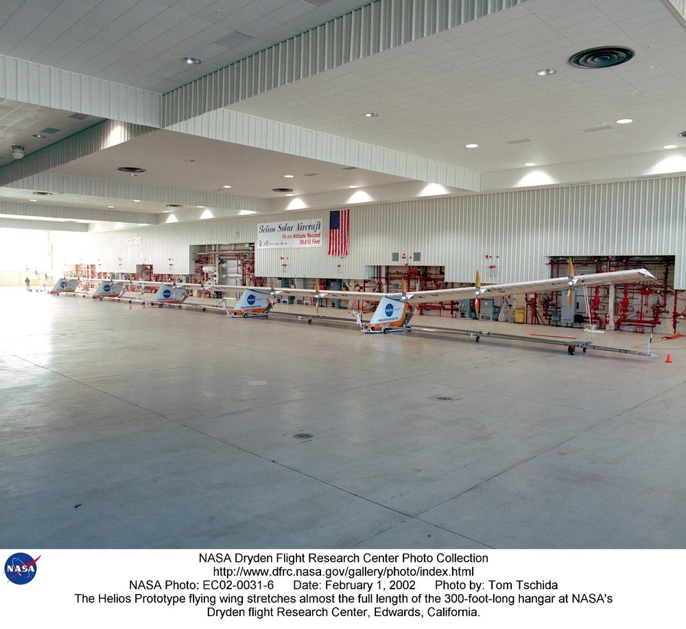 The Helios Prototype flying wing stretches almost the full length of the 300-foot-long hangar at NAS