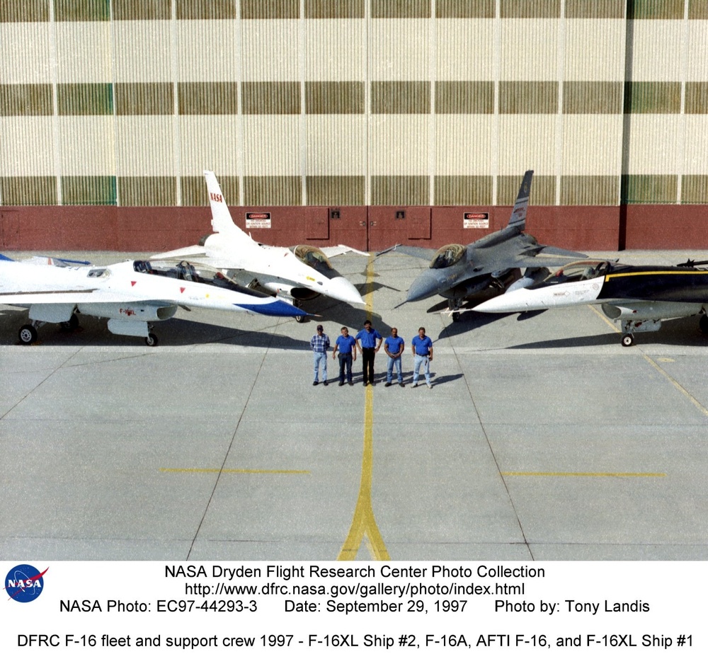 DFRC F-16 fleet and support crew 1997 - F-16XL Ship #2, F-16A, AFTI F-16, and F-16XL Ship #1
