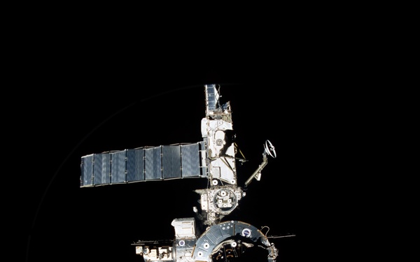 The forward side of the ISS taken during the STS-108 undocking and flyaround