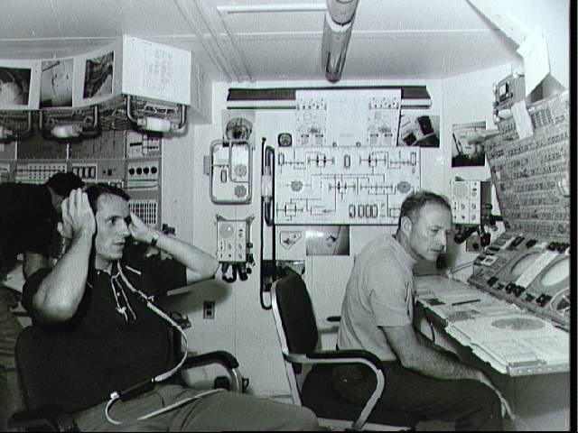Skylab 4 crew in preflight training at Apollo Telescope Mount mock-up