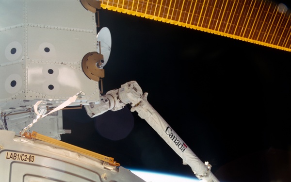 View of the SSRMS grappling the SLP during the STS-100 mission