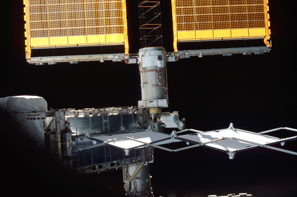 View of a P6 Truss solar array, SABB and PV Radiator taken during STS-100