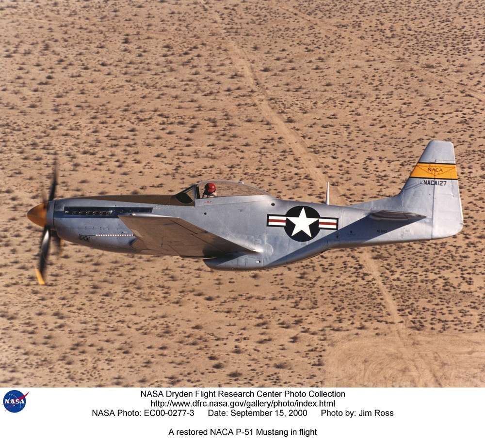 A restored NACA P-51 Mustang in flight