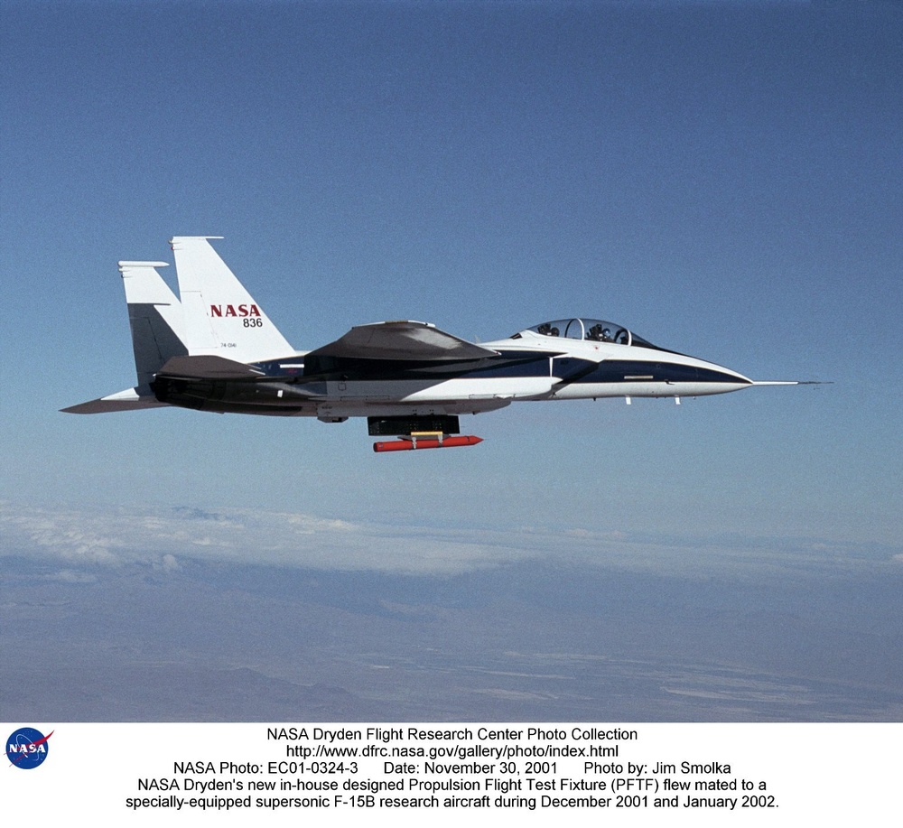 NASA Dryden's new in-house designed Propulsion Flight Test Fixture (PFTF) flew mated to a specially-