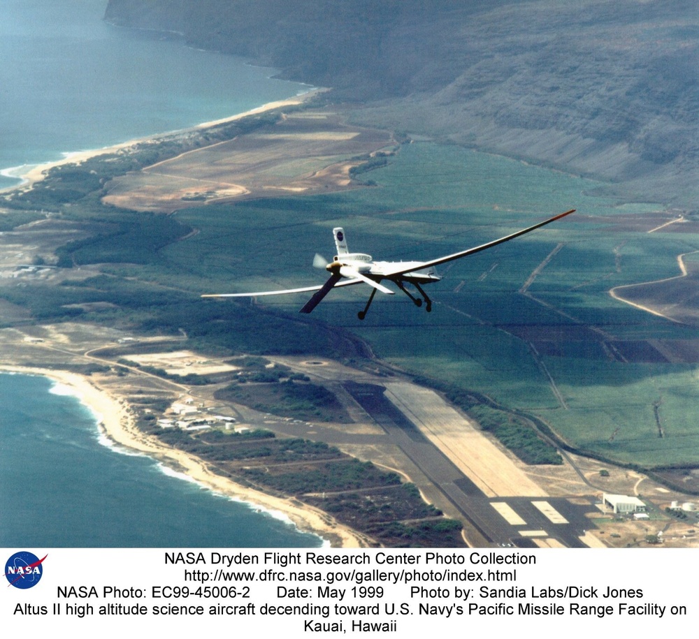 Altus II high altitude science aircraft decending toward U.S. Navy's Pacific Missile Range Facility