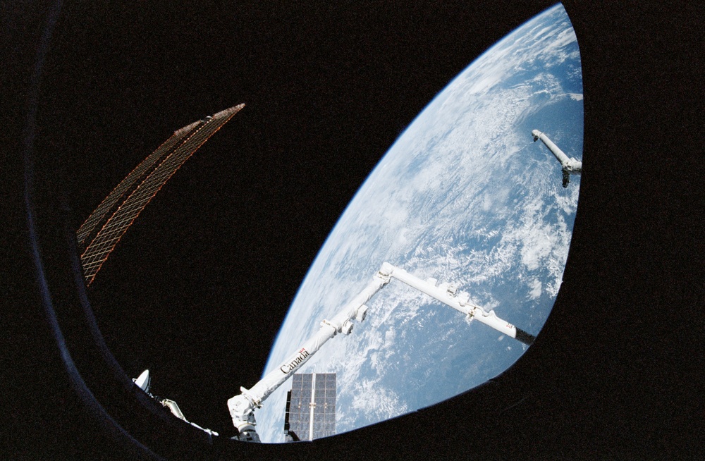 View of the SSRMS and RMS against an Earth limb during STS-100