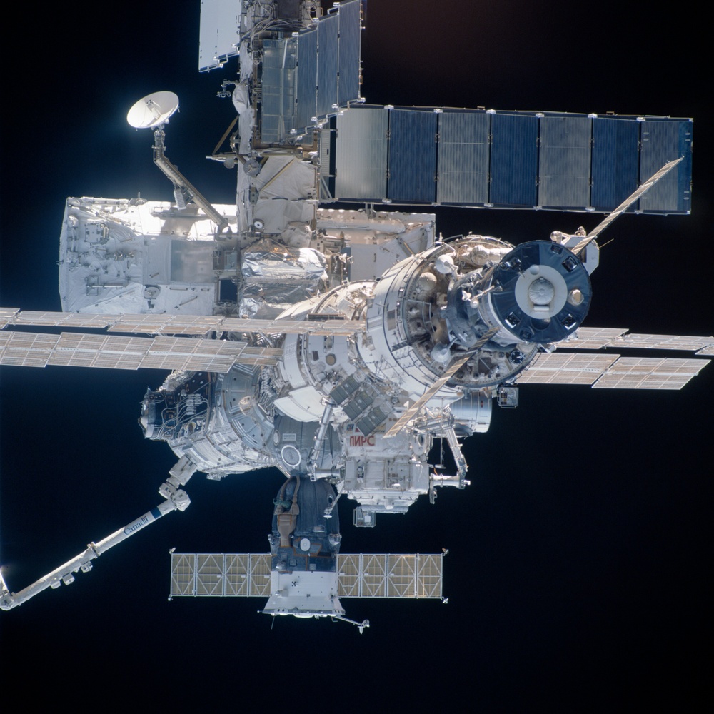 View of the aft - nadir side of the ISS taken during STS-110's flyaround