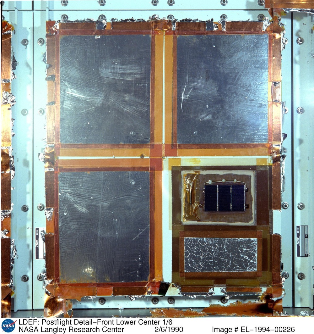 LDEF: Postflight Detail-Front Lower Center 1/6