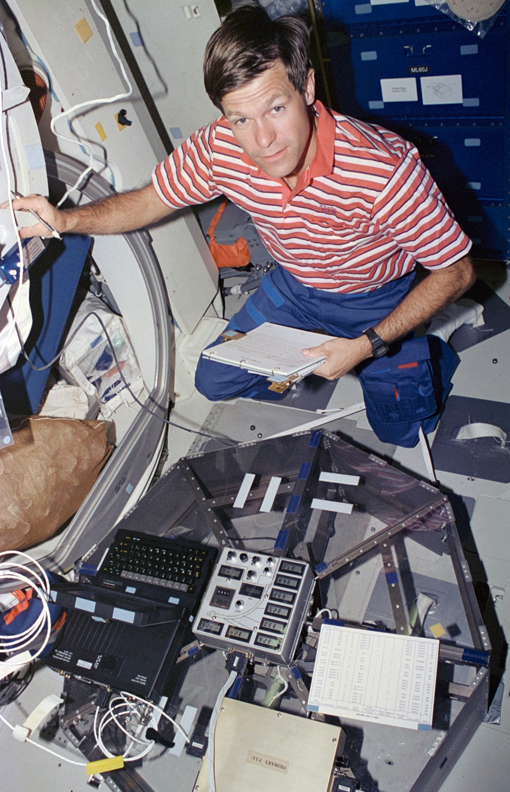 HPP-2 - Cdr. McMonagle takes information on a heat pipe experiment