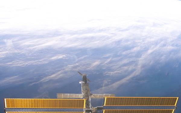 Forward - zenith view of the ISS taken during STS-110's undocking and final flyaround