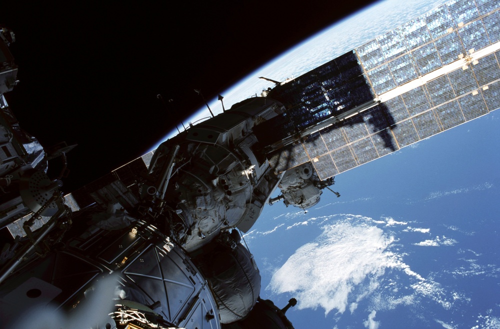 View of the port side of the FGB and Node 1 taken during the second EVA of STS-110