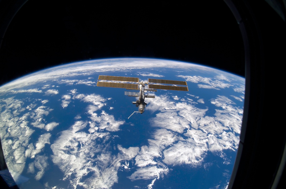 The forward side of the ISS taken during the STS-108 undocking and flyaround