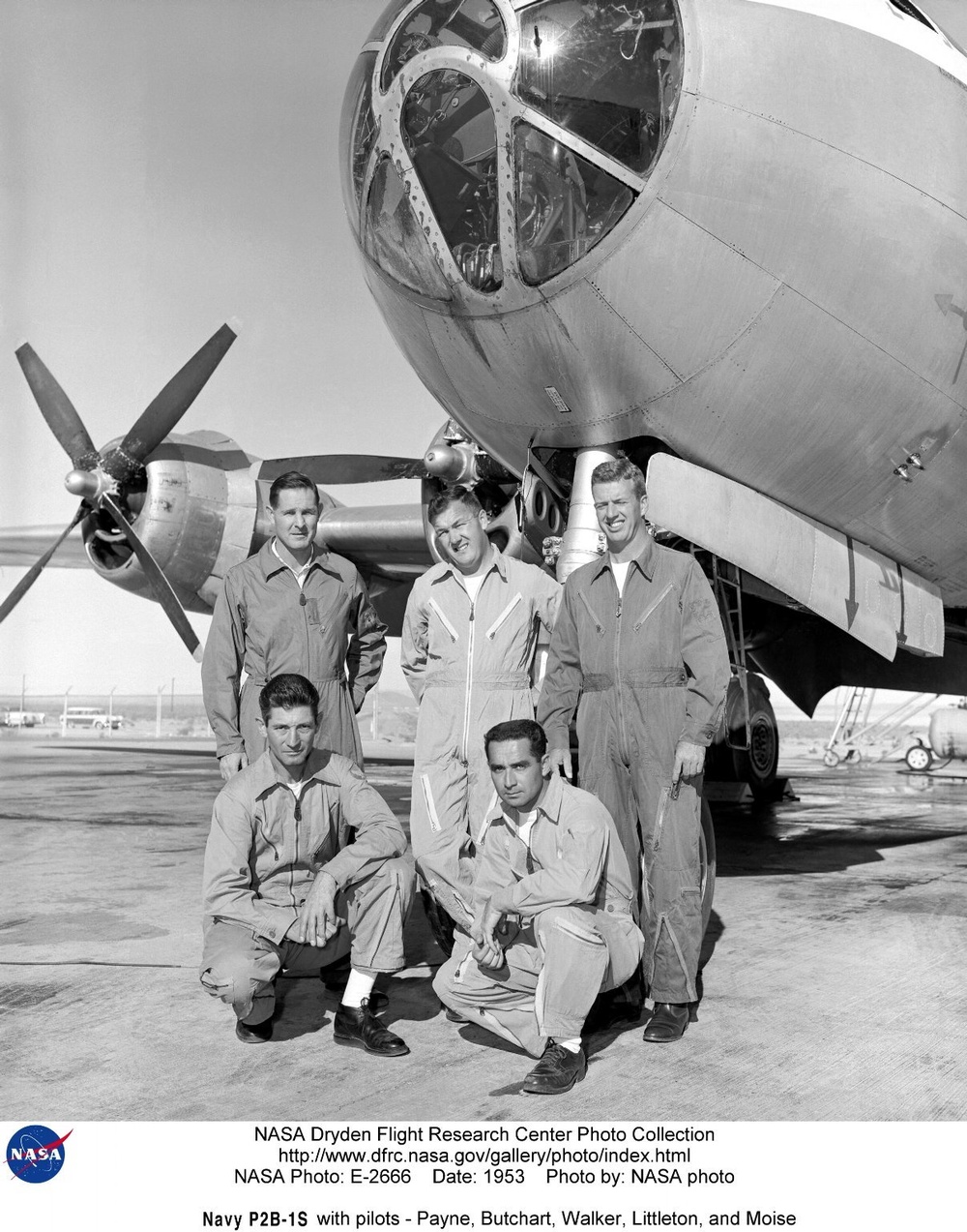 B-29 mothership with pilots - Payne, Butchart, Walker, Littleton, and Moise