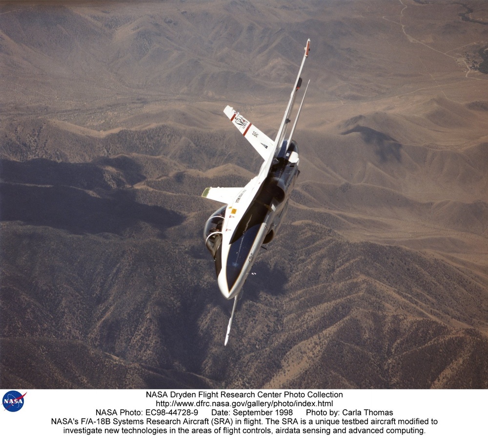 NASA's F/A-18B Systems Research Aircraft (SRA) in flight. The SRA is a unique testbed aircraft modif