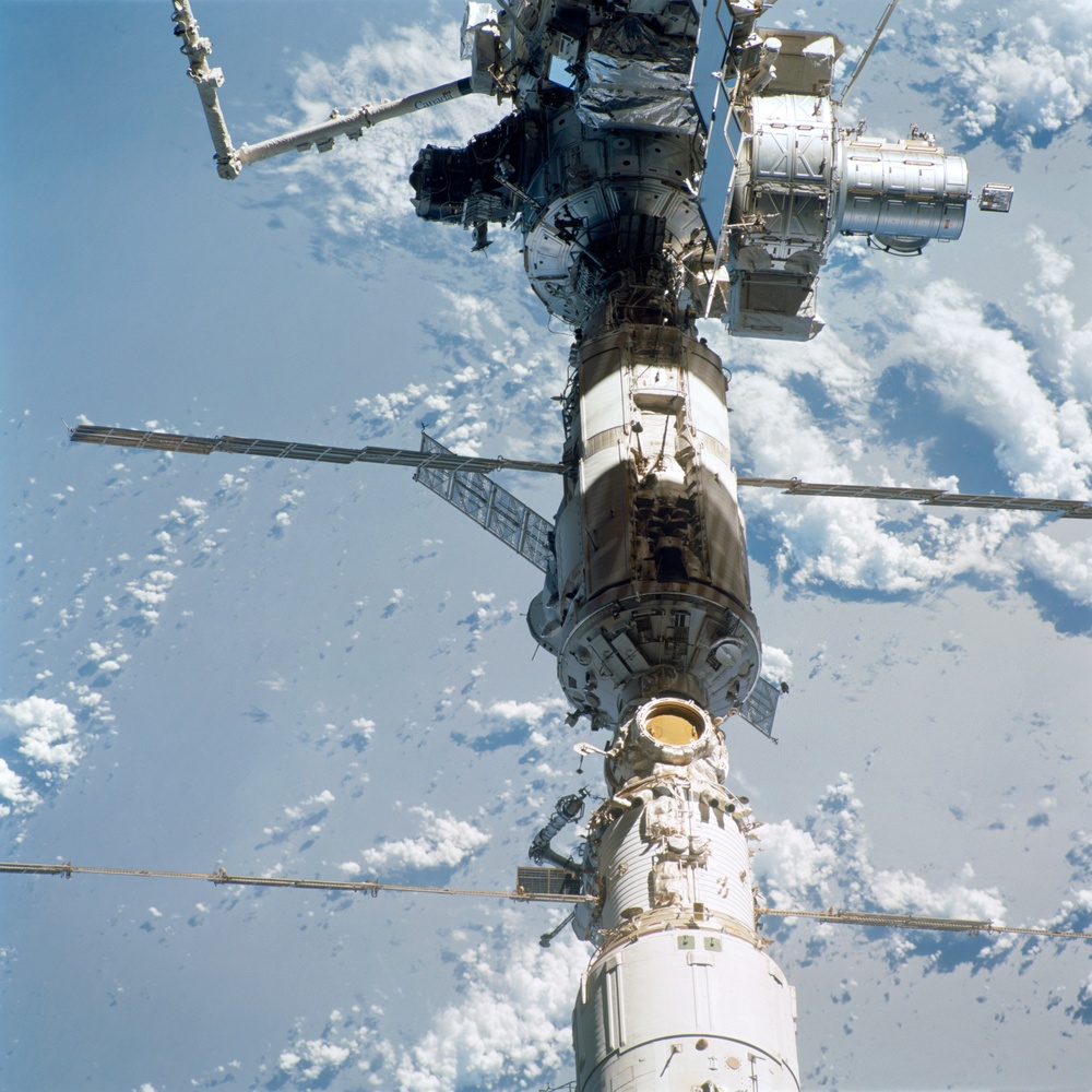 View of the aft - zenith side of the ISS taken during STS-110's flyaround