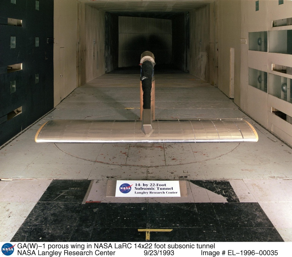 GA(W)-1 porous wing in NASA LaRC 14x22 foot subsonic tunnel