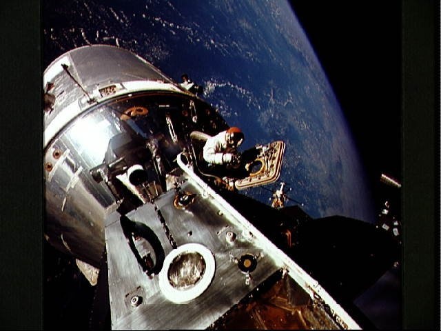View of docked Apollo 9 Command/Service Module and Lunar Module