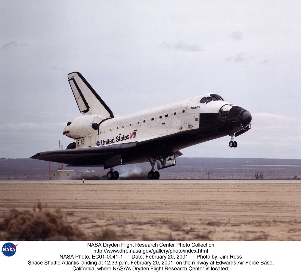 Space Shuttle Atlantis landing at 12:33 p.m. February 20, 2001, on the runway at Edwards Air Force B