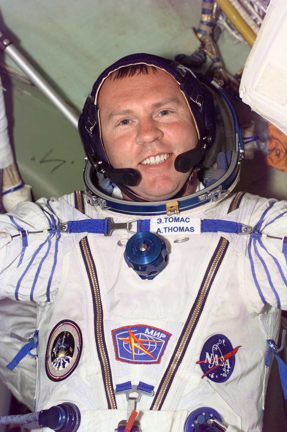 MS Thomas wears a Sokol spacesuit on the Mir Space Station