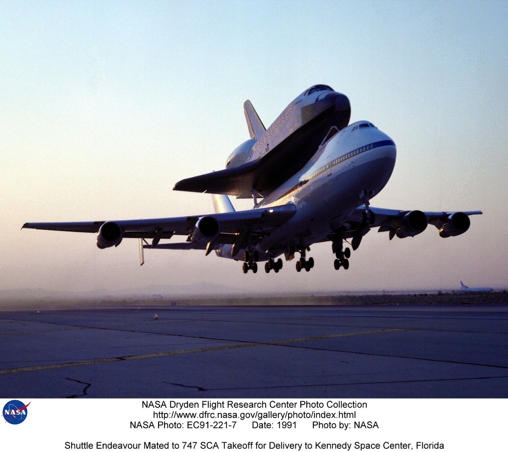 Shuttle Endeavour Mated to 747 SCA Takeoff for Delivery to Kennedy Space Center, Florida