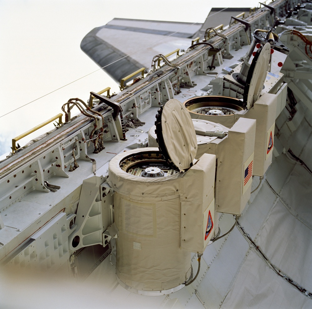 Getaway special canisters on Columbia's payload bay