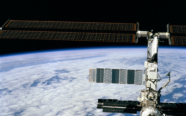 Forward view of the ISS taken during the final flyaround of the STS-100 mission