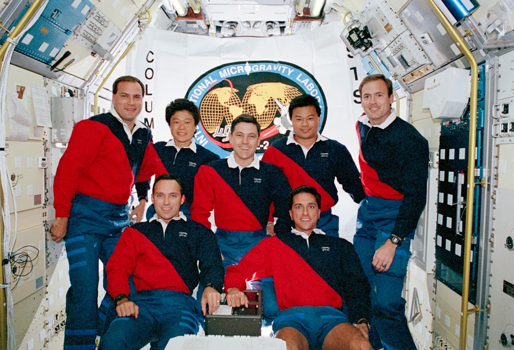 In-flight STS-65 crew portrait in the Spacelab module