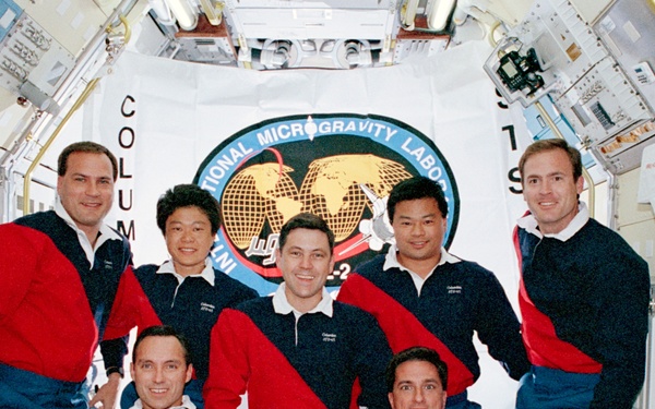 In-flight STS-65 crew portrait in the Spacelab module