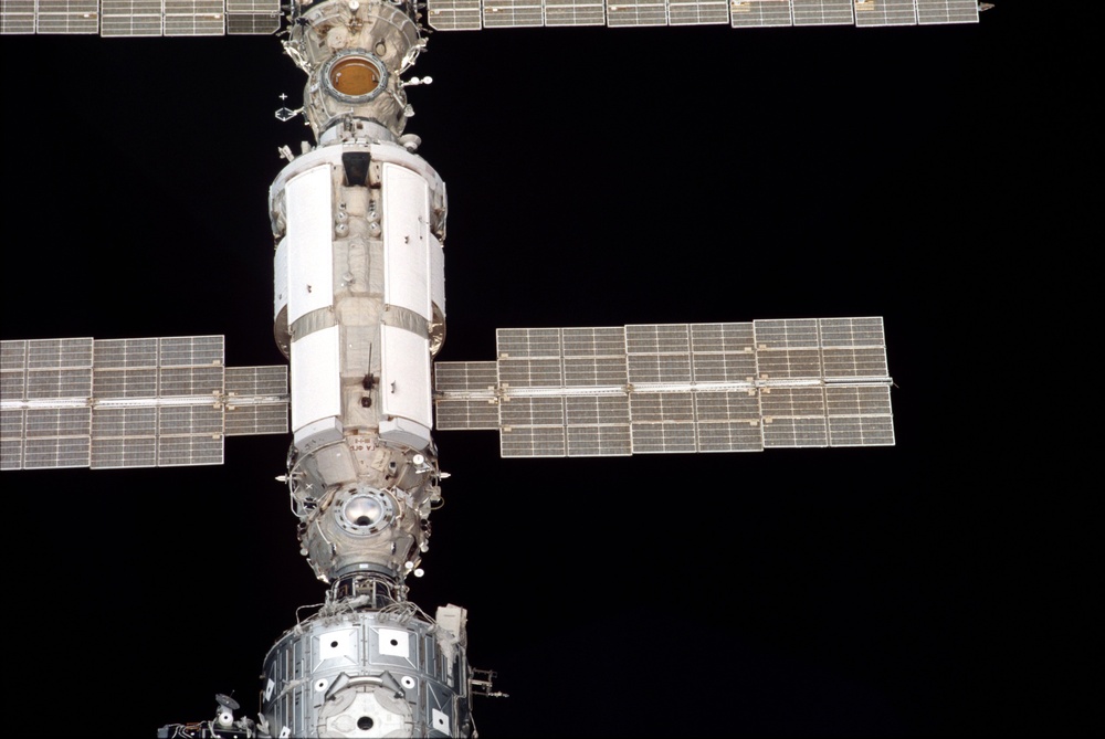 The Service Module, FGB and Node 1 taken during the initial approach of Endeavour for STS-100