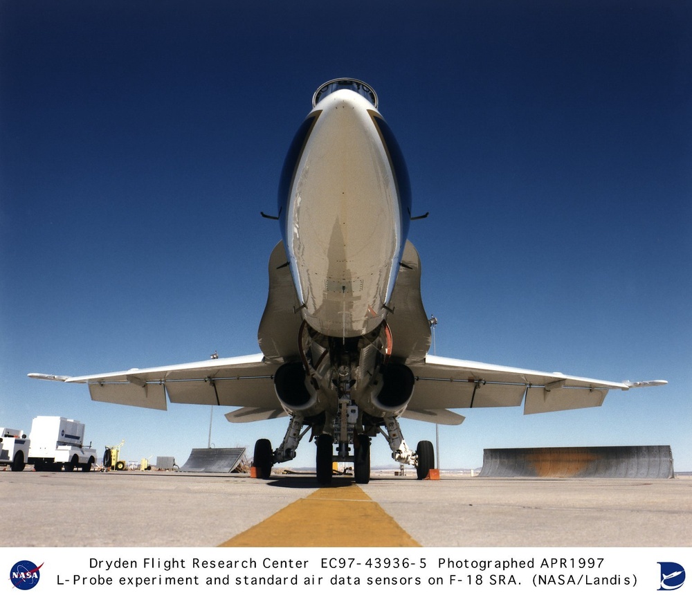 F-18 SRA closeup of nose cap showing L-Probe experiment and standard air data sensors