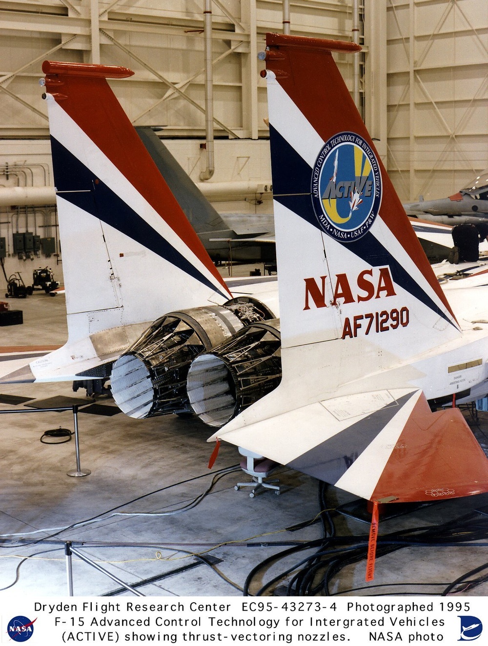 F-15B ACTIVE showing thrust vectoring nozzles in hangar