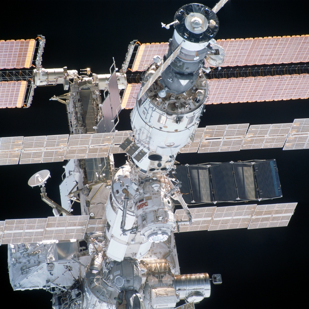 View of the aft - nadir side of the ISS taken during STS-110's flyaround