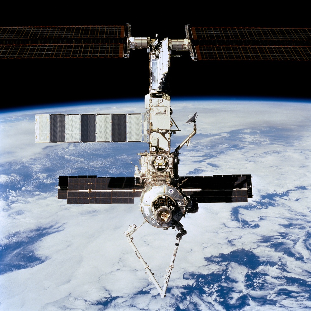 Forward view of the ISS taken during the final flyaround of the STS-100 mission