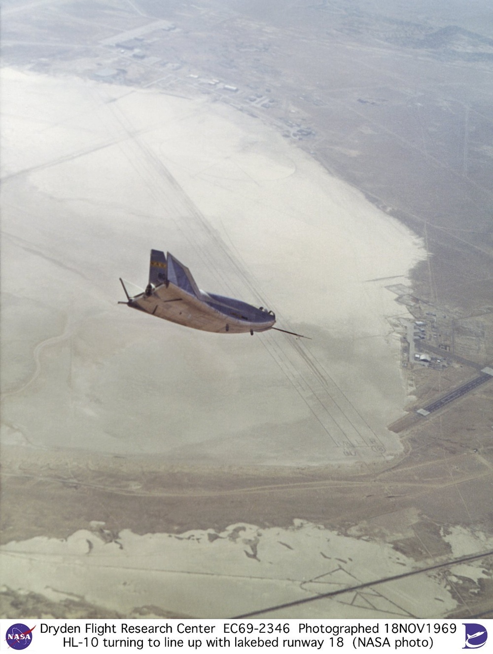 HL-10 in flight, turning to line up with lakebed runway 18