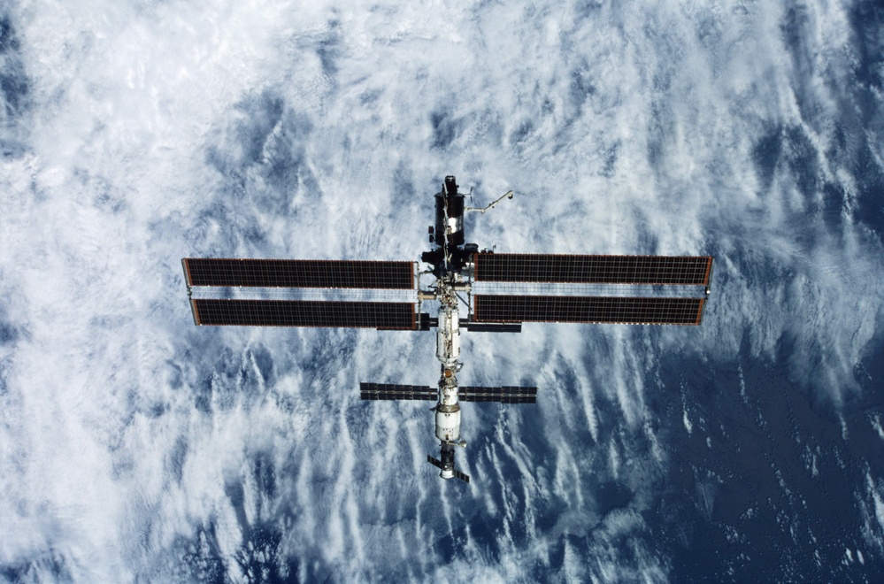 The zenith side of the ISS taken during the STS-108 undocking and flyaround