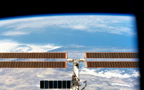 Forward view of the ISS taken during the final flyaround of the STS-100 mission