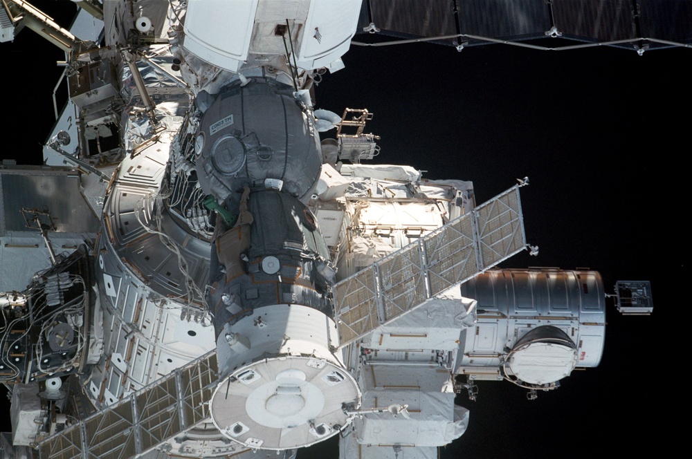 View of the nadir side of the Soyuz, Node 1, Airlock and PMA3 taken during STS-110