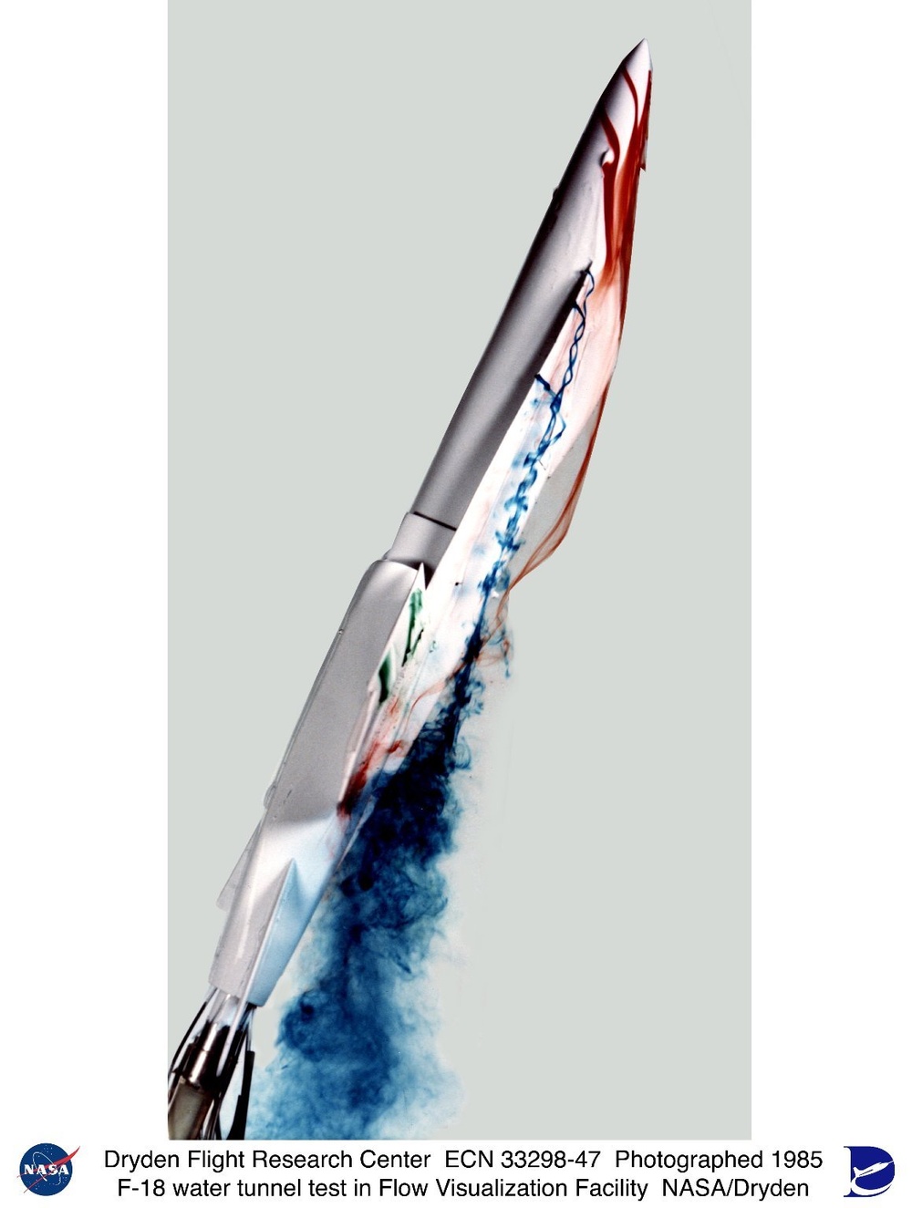 1/48-scale model of an F-18 aircraft in Flow Visualization Facility (FVF)