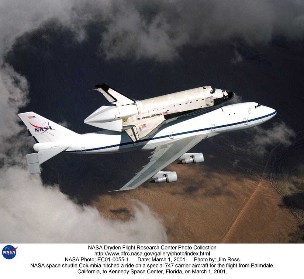 NASA space shuttle Columbia hitched a ride on a special 747 carrier aircraft for the flight from Pal