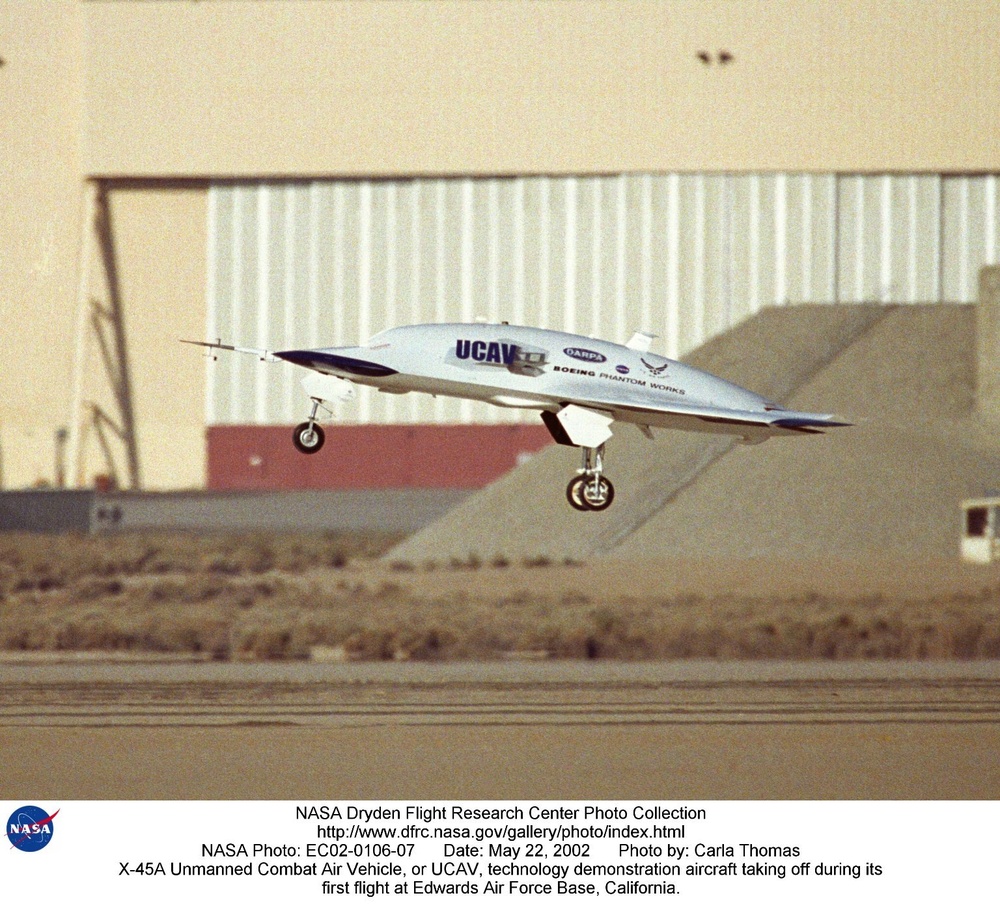 X-45A Unmanned Combat Air Vehicle, or UCAV, technology demonstration aircraft taking off during its