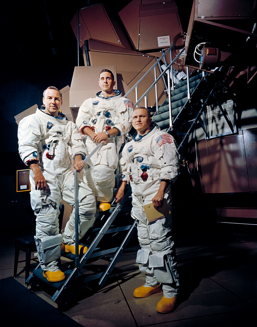 Apollo 8 crew posing on KSC simulator in space suits