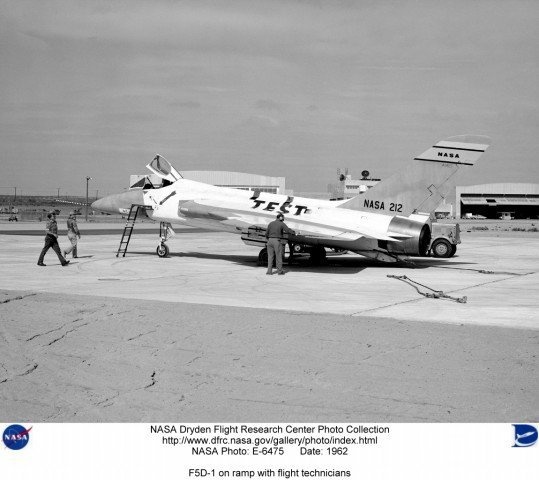 F5D-1 on ramp with flight technicians
